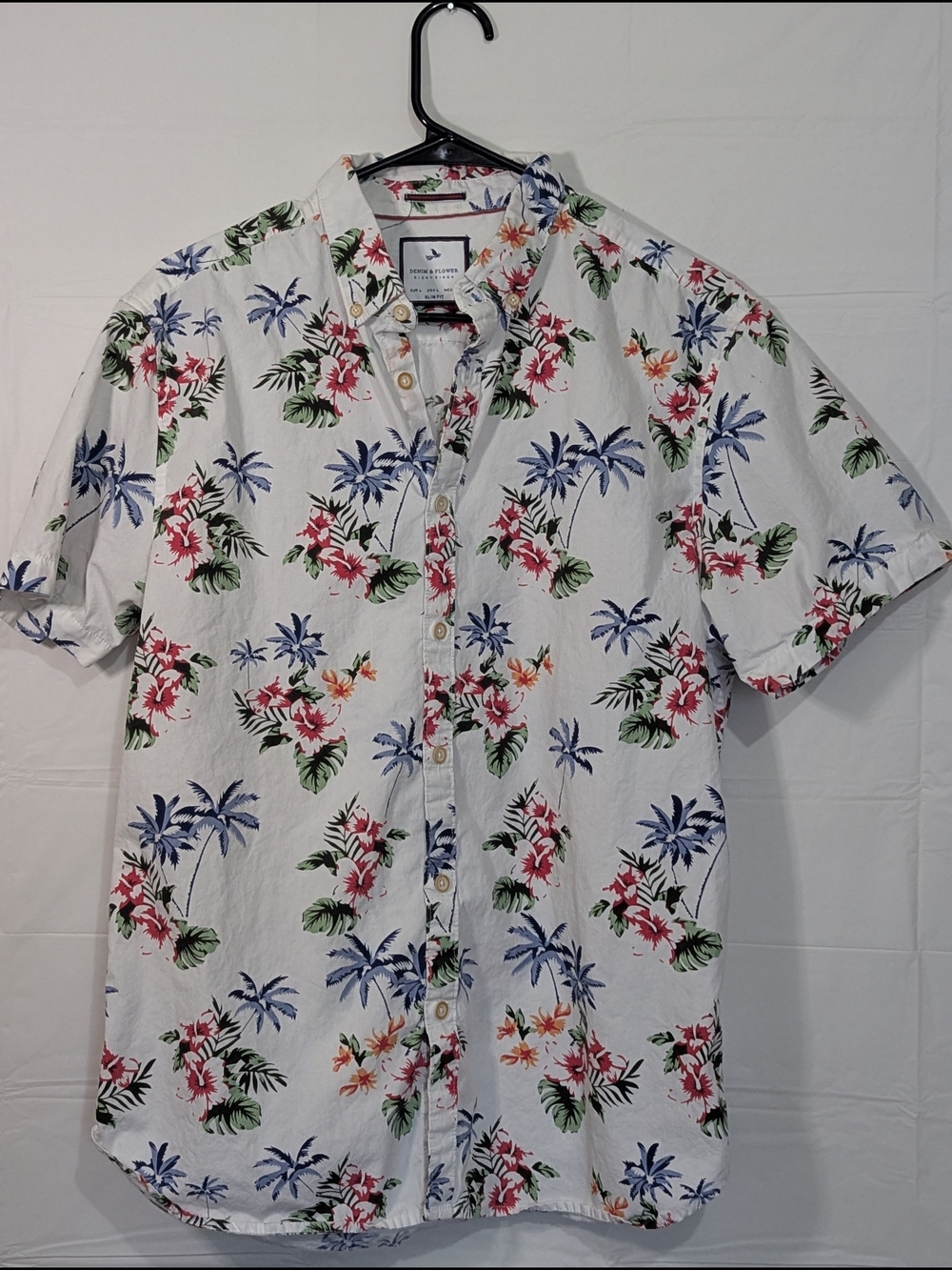 Denim & Flower Ricky Singh Hawaiian Shirt Men’s Large Slim Fit Tropical Floral